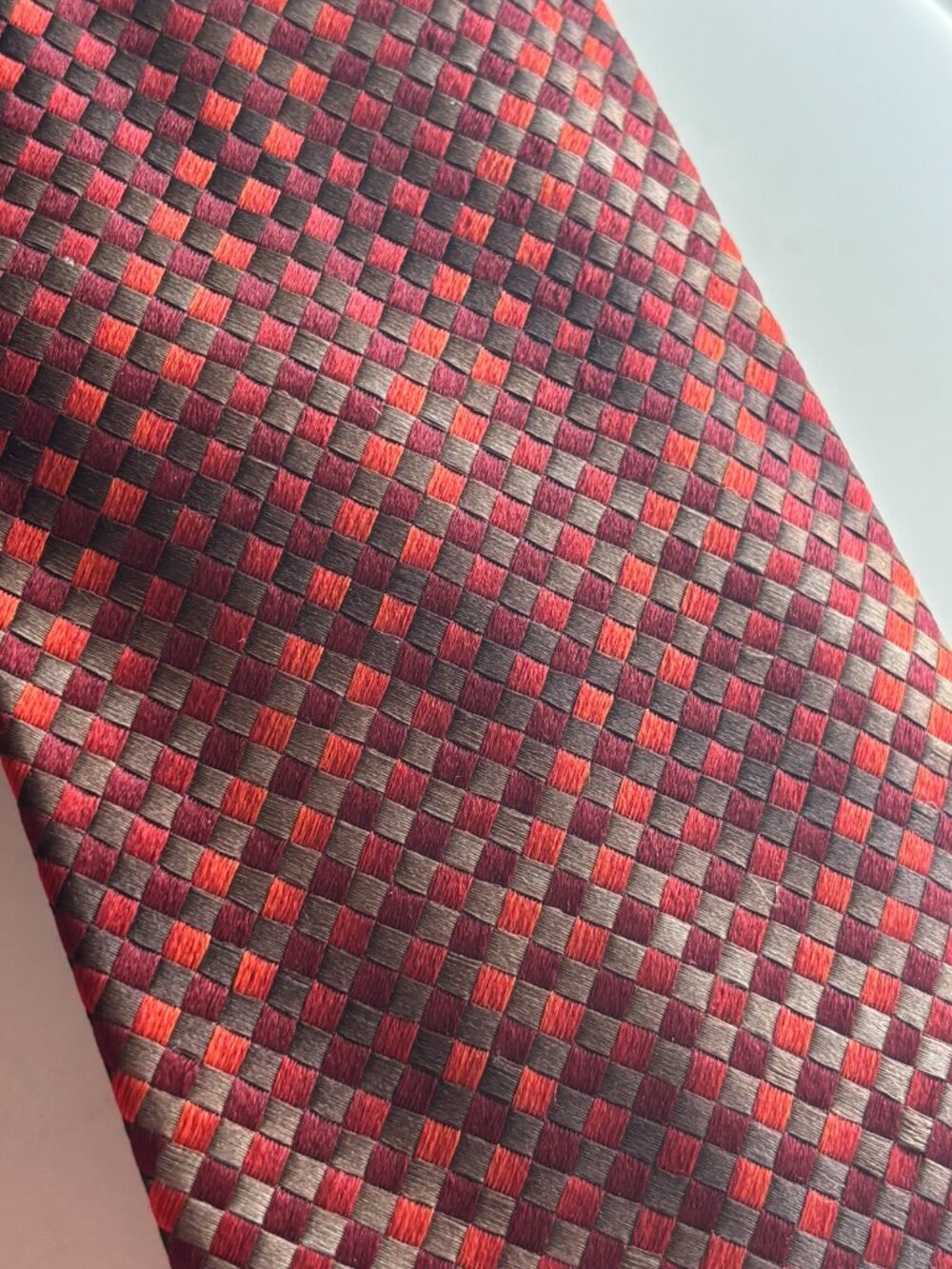 Prada Mens 100% Silk Necktie Mosaic Check Red Brown Standard